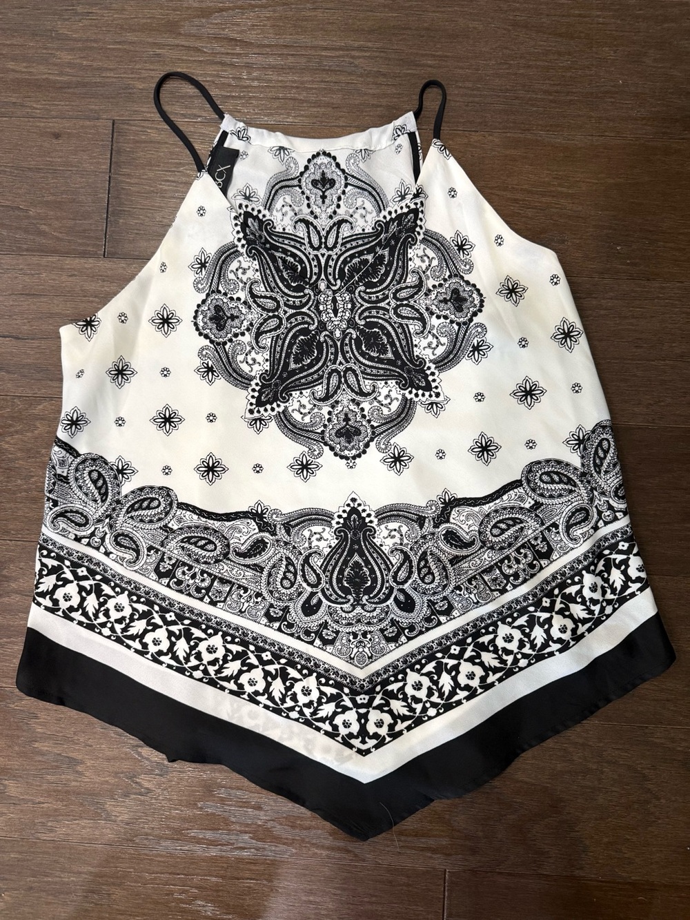 BCX Paisley Print Handkerchief Hem Halter Top Boho Black White Size M
